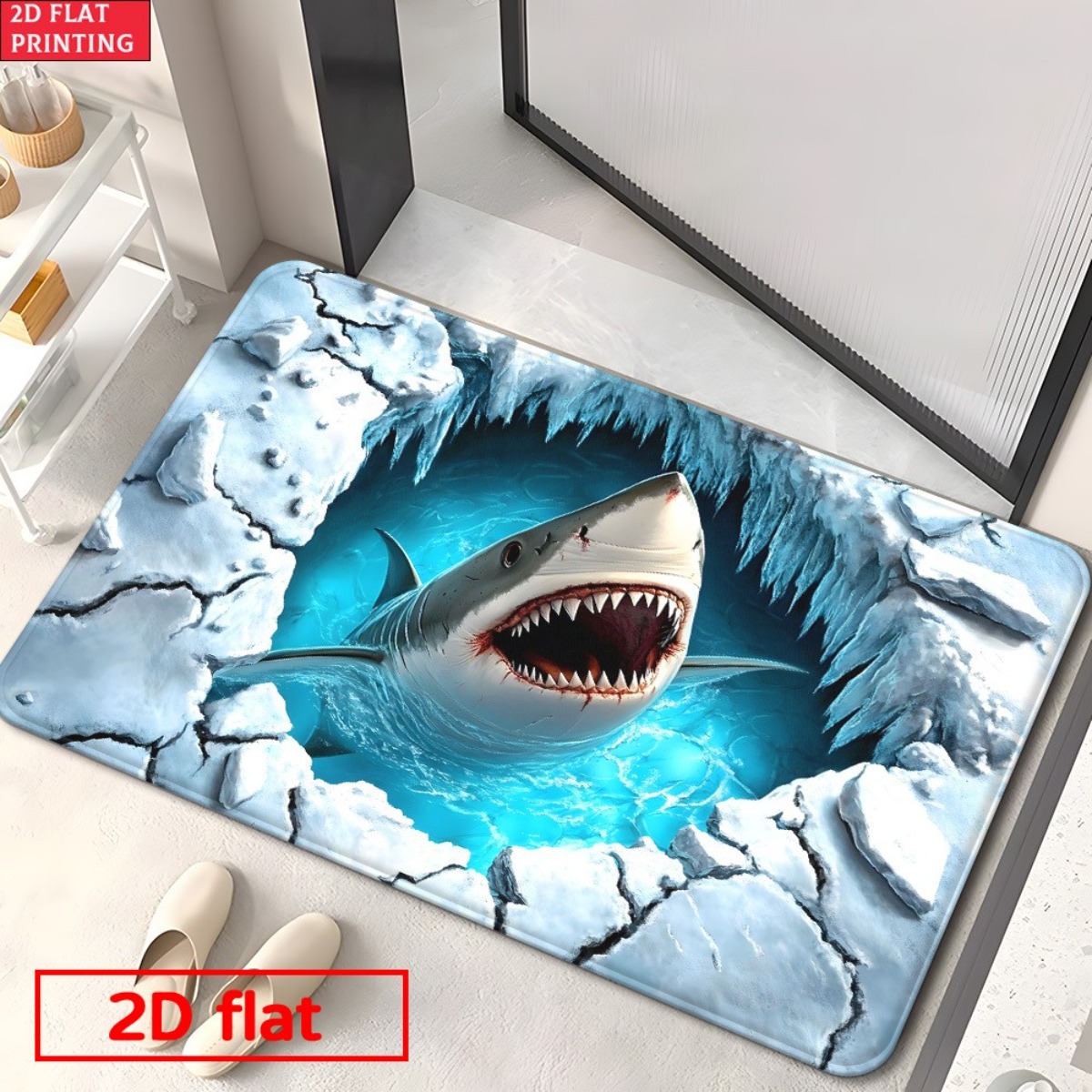 Home Bathroom Break - Фланелевый коврик 3D «Акула, разбивающая лед»,